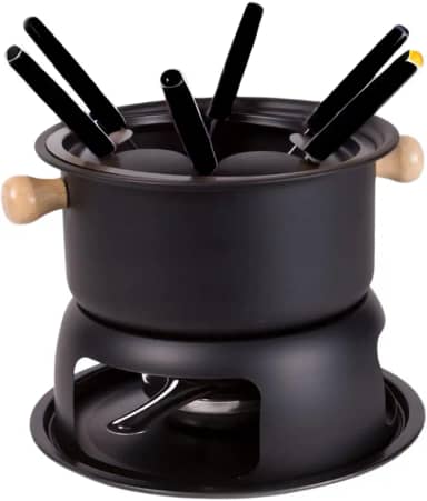 Kit Jogo Panela Conjunto Fondue 11 Peças Aço Inox e Madeira Carne Chocolate Queijo Jantar Romântico
