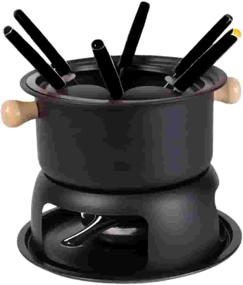 Kit Jogo Panela Conjunto Fondue 11 Peças Aço Inox e Madeira Carne Chocolate Queijo Jantar Romântico