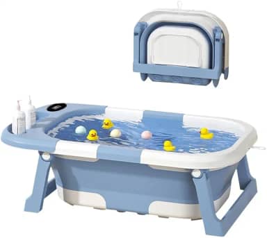 Banheira Bebê Dobrável Azul com Termômetro Digital, Portátil e Compacta para Viagem e Apartamento
