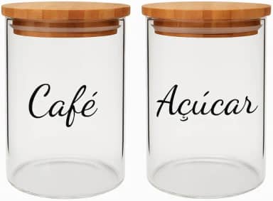 Potes Herméticos de Vidro com Tampa de Bambu 1200ml Conjunto com 2 Unidades para Café e Açúcar Transparente
