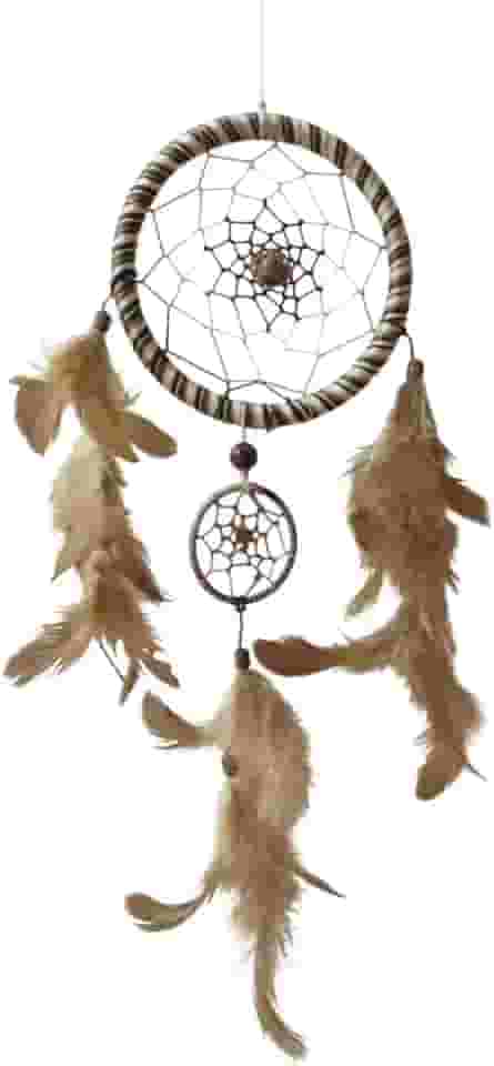 Filtro Dos Sonhos Duplo Indiano Marrom Com Penas Bege Para Decoração Boho De Casa Ou Carro 40 Cm