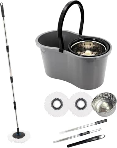Importado - Mop com Balde Giratório Cesto em Inox, 9 Litros, Esfregão para Limpeza Lava e Seca com 2 Refis de Microfibra