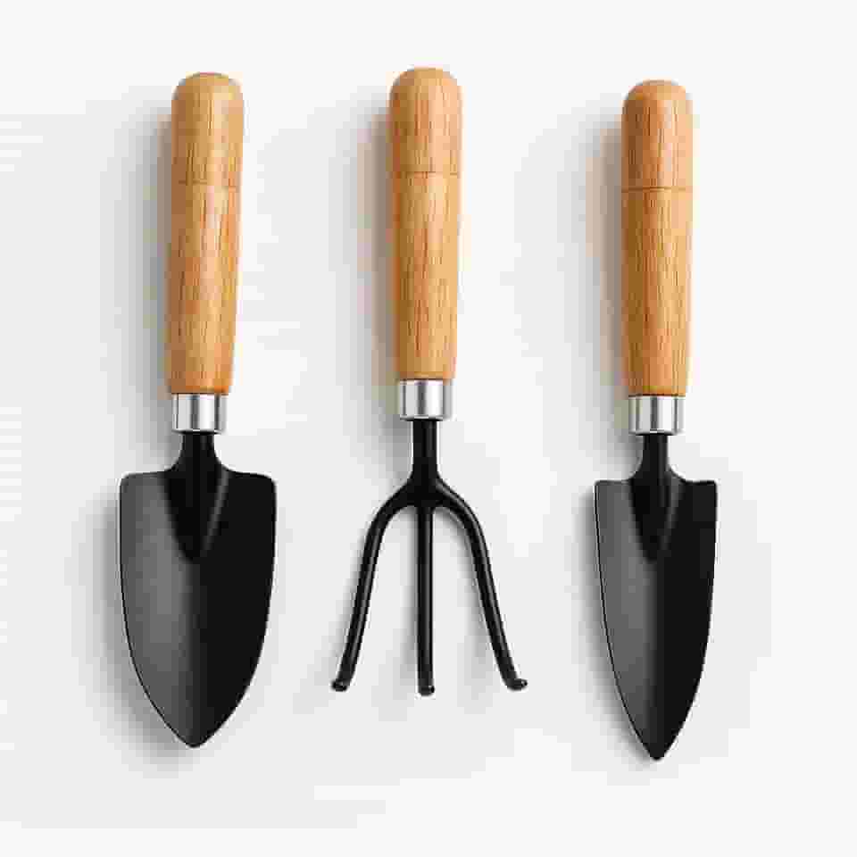 Kit Jardinagem Mini 3 Peças, Pá 17cm, Ancinho 15cm, Pá Estreita 17cm, Cabo de Madeira para Vasos e Horta