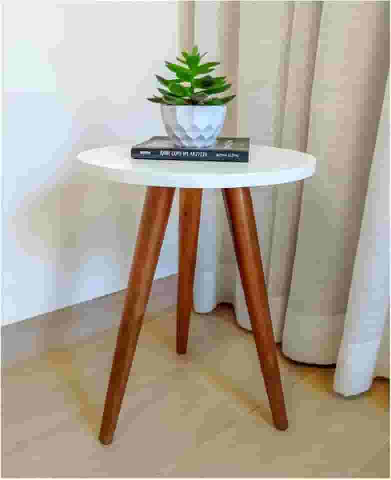 Mesa Mesinha Decorativa Redonda Moderna De Centro E Canto Lateral Retrô Pé Palito Madeira Branco 35x45
