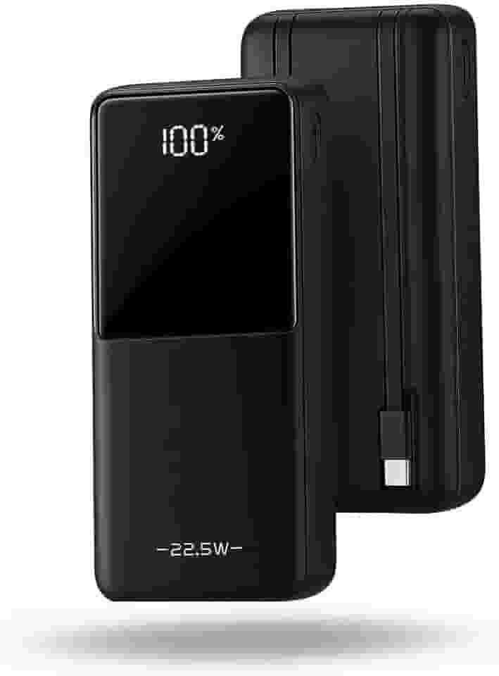 Power Bank Carregador portátil 20000mAh com Carregamento Turbo 22.5W, Saída Rápida Tipo-C e Lightning Integrados, Compatível com Android e iPhone, Cabo Embutido e Visor Digital de Carga