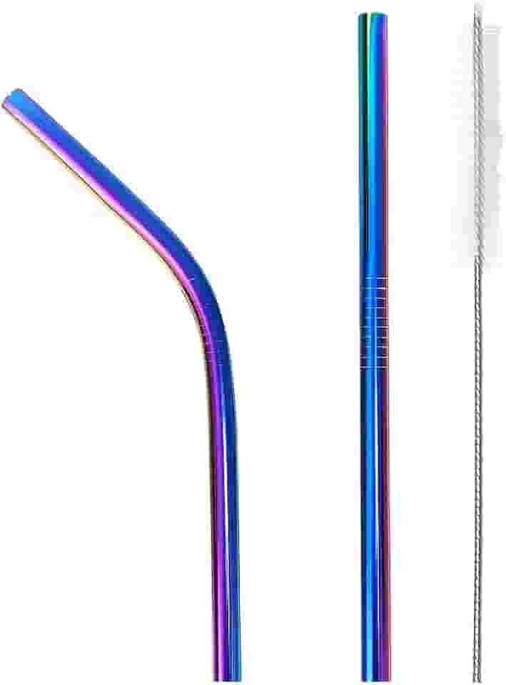 Kit 2 Canudos de Inox Reutilizáveis Cintilantes (Reto + Curvado) 21 cm + Escova de Limpeza