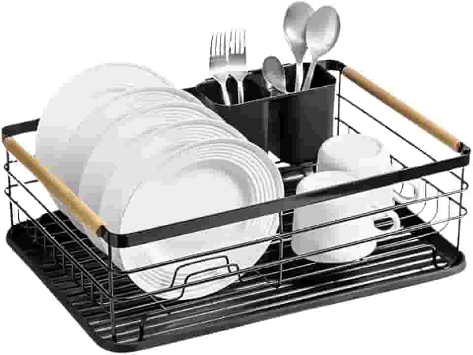 Escorredor de Louça de Aço Preto com Alças de Madeira – Suporte 9 Pratos + Porta Talheres – Design Elegante e Moderno