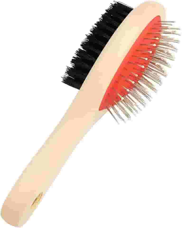 Escova Pet Dupla para Cães e Gatos VELTIX – Cerdas de Nylon e Pinos de Aço, Cabo de Madeira – Ideal para Pelos Longos e Curtos