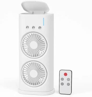 Ventilador Portátil Duplo USB com Umidificador e Mini Ar-Condicionado | LED 7 Cores, 3 Velocidades, Reservatório 600ml, Silencioso, Oscilação 90°, Controle Remoto – Branco