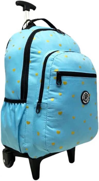 Mochila Feminina Rodinhas Azul Claro com Estrela Universitária Escolar Adulto Juveni