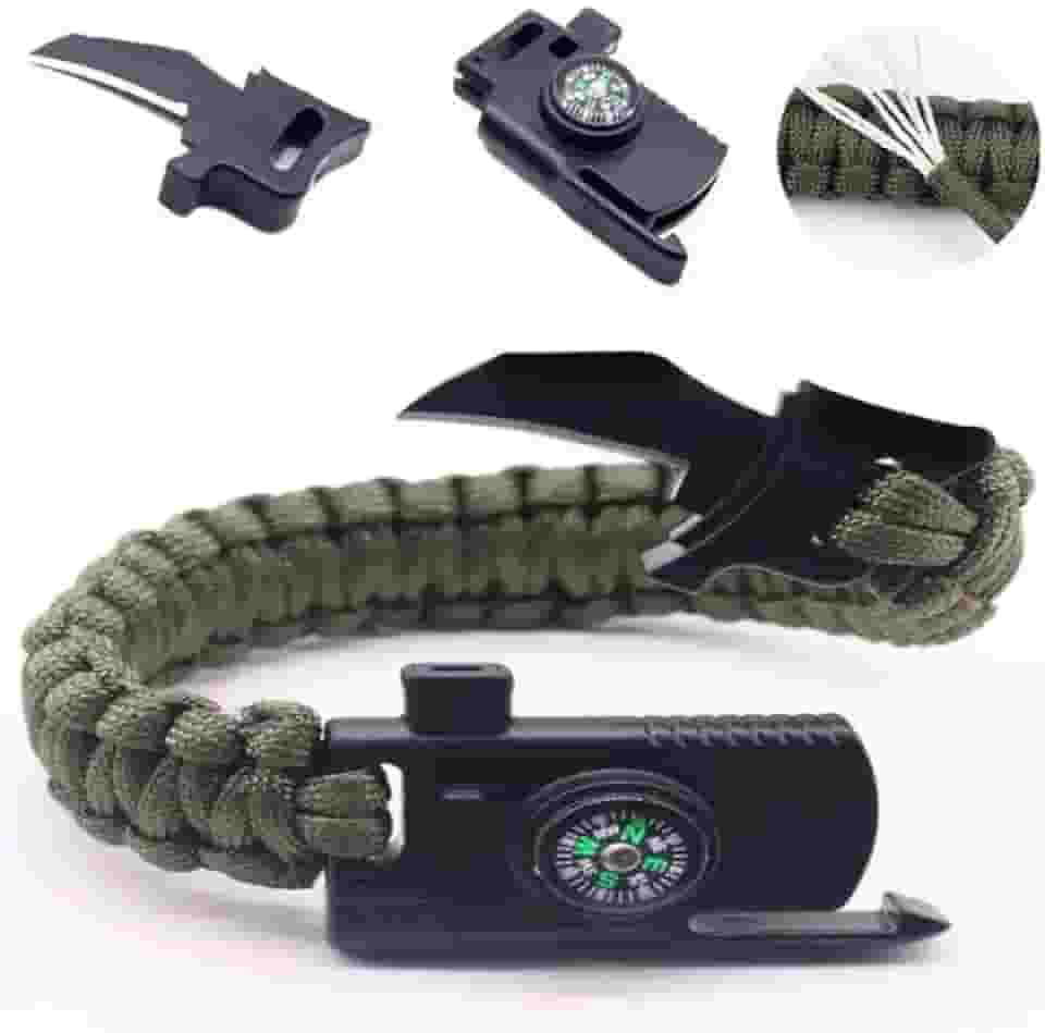 Pulseira de Sobrevivência Paracord com Bússola, Pederneira, Faca e Apito