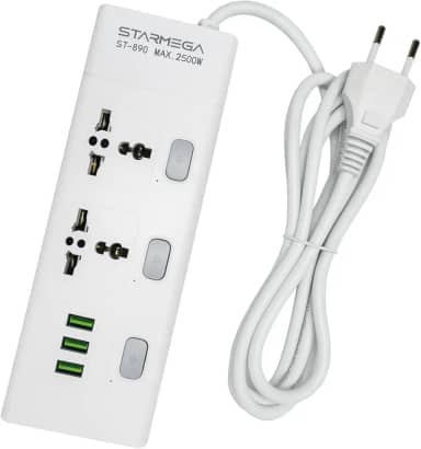 Extensão Tomada, Régua Tomada, Régua de Energia, 2 tomadas universais, 3 Interfaces USB, Cabo de Alimentação de 1 metro, Suporte a Tensão de 110-220V, Potência de 2500W, Branca