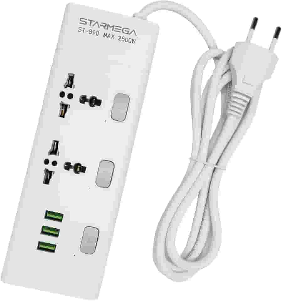 Extensão Tomada, Régua Tomada, Régua de Energia, 2 tomadas universais, 3 Interfaces USB, Cabo de Alimentação de 1 metro, Suporte a Tensão de 110-220V, Potência de 2500W, Branca