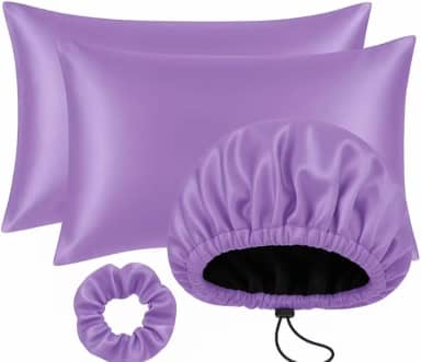 Kit 2 Fronhas Touca de Cetim Antifrizz Regulável Xuxinha Scrunchie De Cabelo para Dormir (LILA)