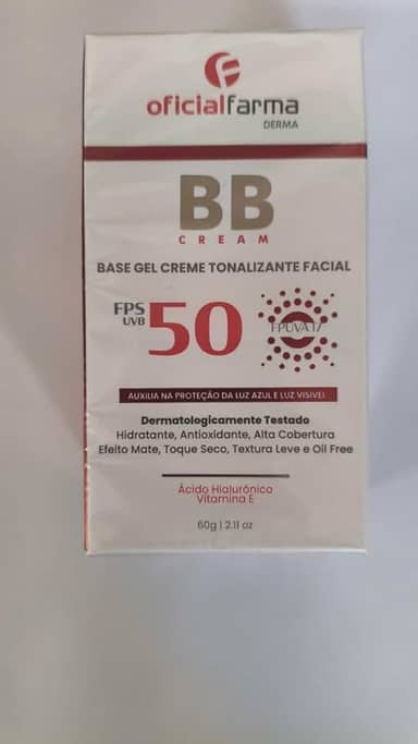 OFICIALDERMA BB Cream com Proteção Solar FPS 50, Base Tonalizante Hidratante, Ácido Hialurônico, Toque Seco, Natural, 60g