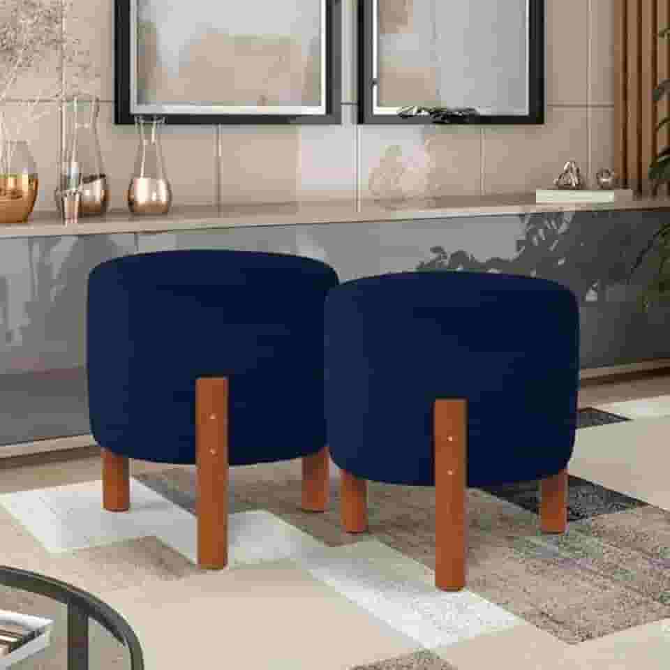 PC Móveis – Kit 2 Puff Redondo Luxo Decorativo em Linho ou Suede – Sala, Quarto e Escritório (Suede, Azul)