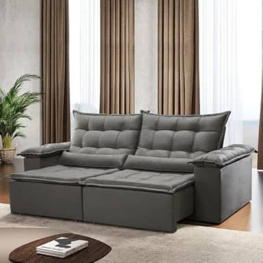 Sofá 4 Lugares Retrátil e Reclinável 210cm Jundiaí Estofados Teixeira Suede King Cinza King Cinza