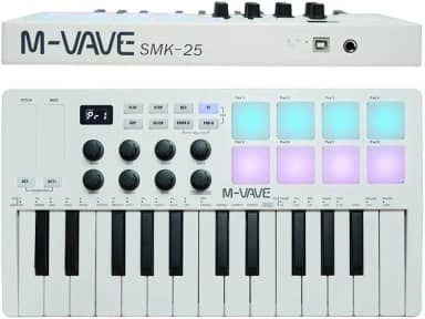 Teclado controlador MIDI USB de 25 teclas com 8 pads de bateria retroiluminados, teclado dinâmico profissional semipesado Bluetooth, 8 botões e produção musical