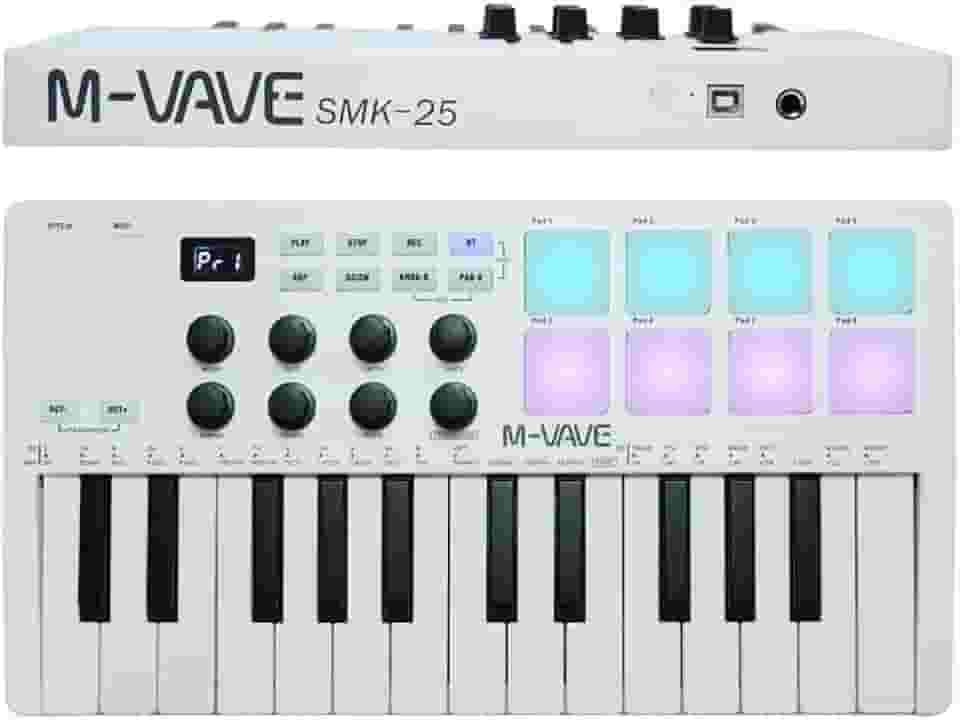 Teclado controlador MIDI USB de 25 teclas com 8 pads de bateria retroiluminados, teclado dinâmico profissional semipesado Bluetooth, 8 botões e produção musical