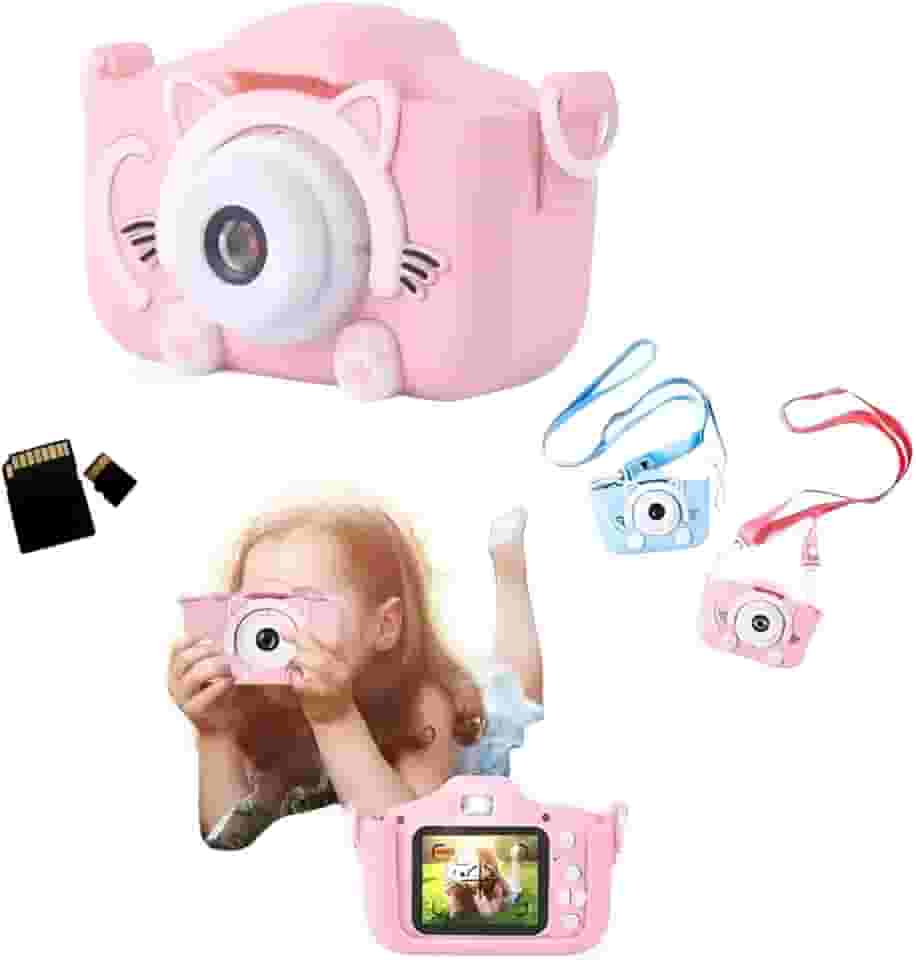 Câmera Digital Infantil Portátil 20MP Full HD, Design Gatinho, Filmadora Recarregável + Cartão de Memória 32 GB (Rosa)