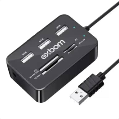 Hub, Adaptador, Leitor 7 em 1 Exbom Leitor de Cartao Multiformato – Expansao Inteligente e Agilidade. 3 Portas USB 2.0 e entrada MS (Memory Stick), MS Pro Duo, SD, MMC, Micro SD, M2
