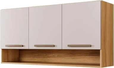 Armário Aéreo Suspenso Multiuso de Parede 3 Portas Plus (Off White/Cinamomo)