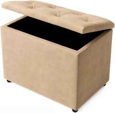 Baú Retangular Banquinho Puff Decorativo organizador Guarda Brinquedos Assento(BEGE SUEDE)