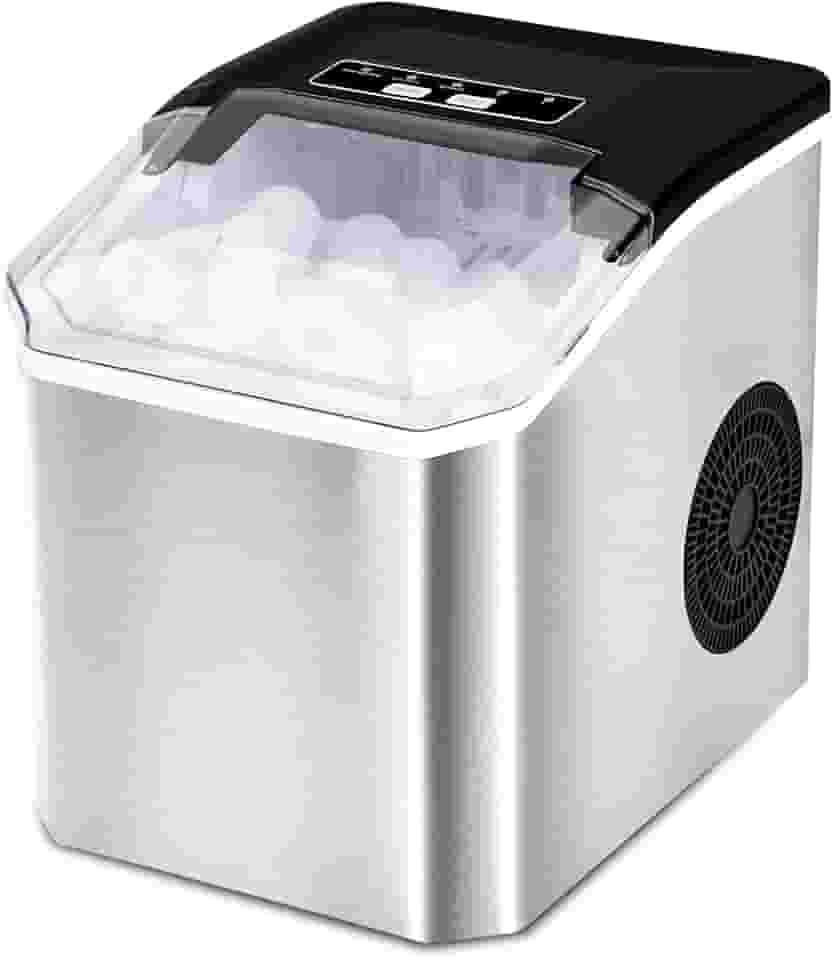 Maquina de Gelo Portatil Prata, 220V, 15Kg, e a Máquina de Gelo em Aço Inoxidável Produz 9 Cubos a Cada 8 Minutos, O Tamanho Dos Cubos de Gelo e Ajustável, Capacidade para Até 70 Cubos de Gelo