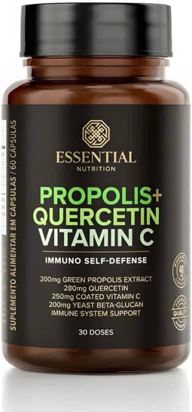 Essential Nutrition Própolis + Quercetina + Vitamina C, 60 Cápsulas, Suplemento para Imunidade com 200mg de Própolis Verde, 280mg Quercetina, 250mg Vitamina C