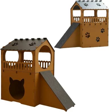 BOXFAN Casa Arranhador Toca Casinha para Gatos Rampa Antiestresse Playground Casa de Gato 2 Andares Mdf Caramelo Resistente Diversão Felina - Gatificação do Ambiente para Gatos Adultos e Filhotes