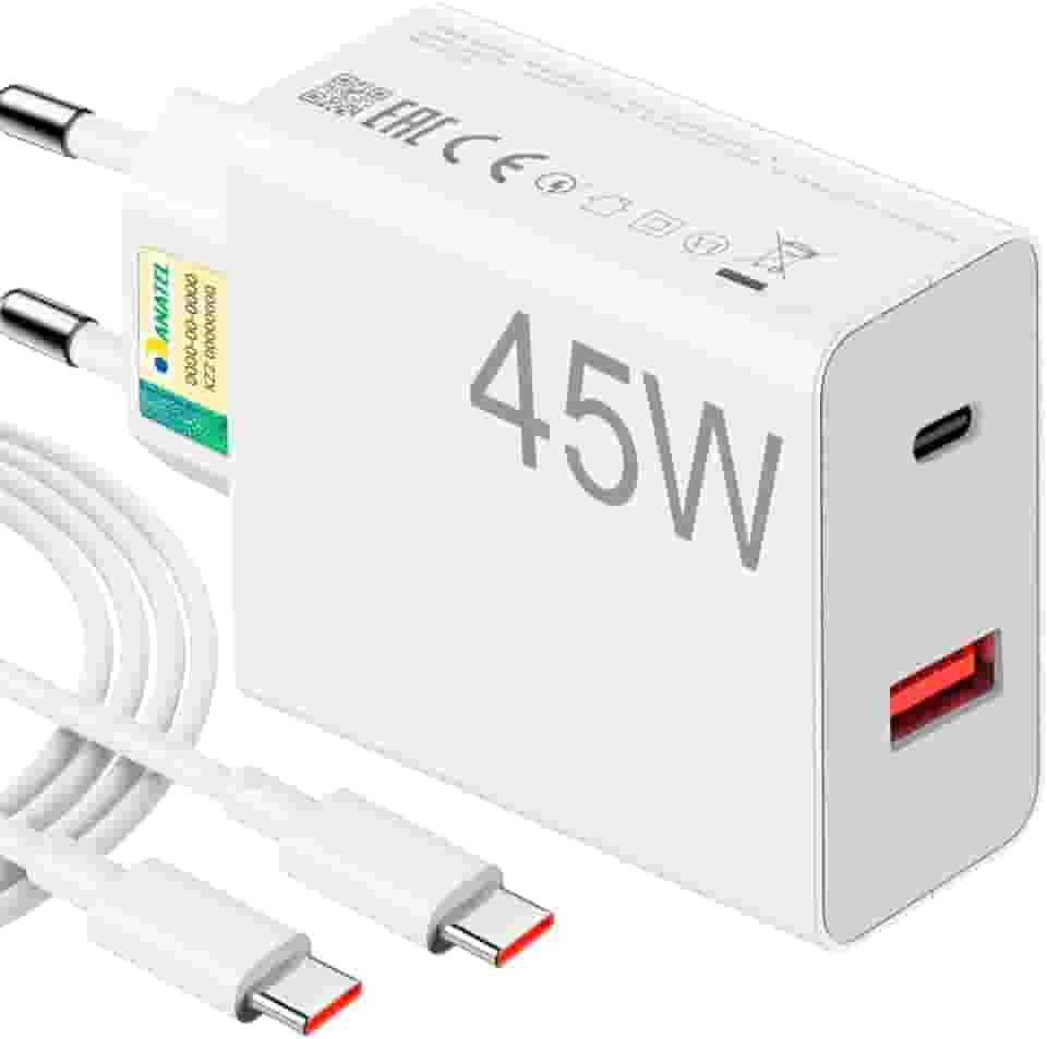 Carregador Turbo 45W Ultra Rápido Tipo C e USB Com Carregamento Rápido + Cabo Tipo C Compatível Com Todos Os Dispositivos, Android, Ios 15/16, Xiaomi - Todos Dispositivos Celulares