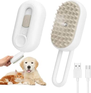 Escova Pet Vaporizada 5 em 1 p/Cães e Gatos – Recarregável USB, Cerdas de Silicone, Massageadora, Anti-Emaranhado, Alça Dobrável, Remoção de Pelos