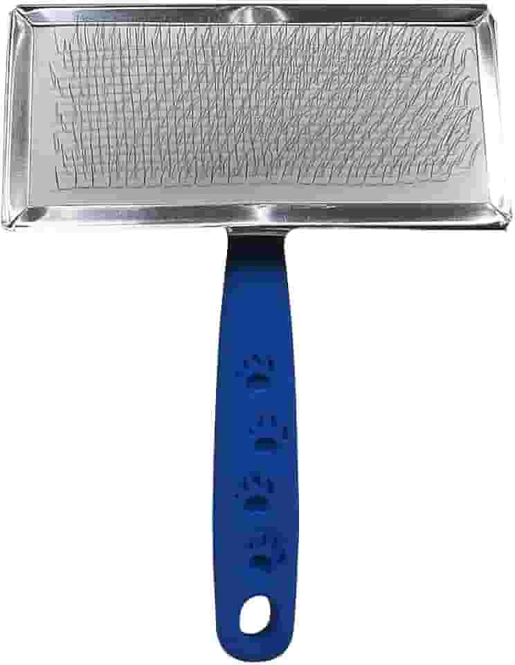 Escova para Pet Cães e Gatos Slicker Profissional, Cerdas Finas de Aço Inoxidável, Remove Nós e Subpelos, Alça Ergonômica, Azul