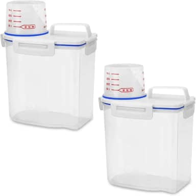 Kit 2 Potes Hérmetico Multiuso para Armazenamento com Copo Medidor de Plástico Pote Para Grãos Farinha Arroz Sabão Liquido Ração 1,5 L