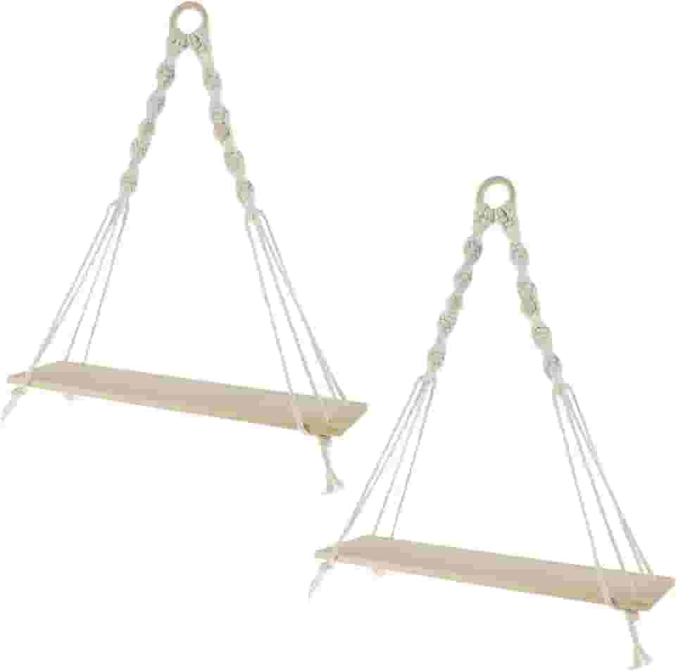 2 prateleiras suspensas de corda de algodão macramê, estilo boho, 2 prateleiras, montagem na parede, ajustável, 38 x 35 x 10 cm