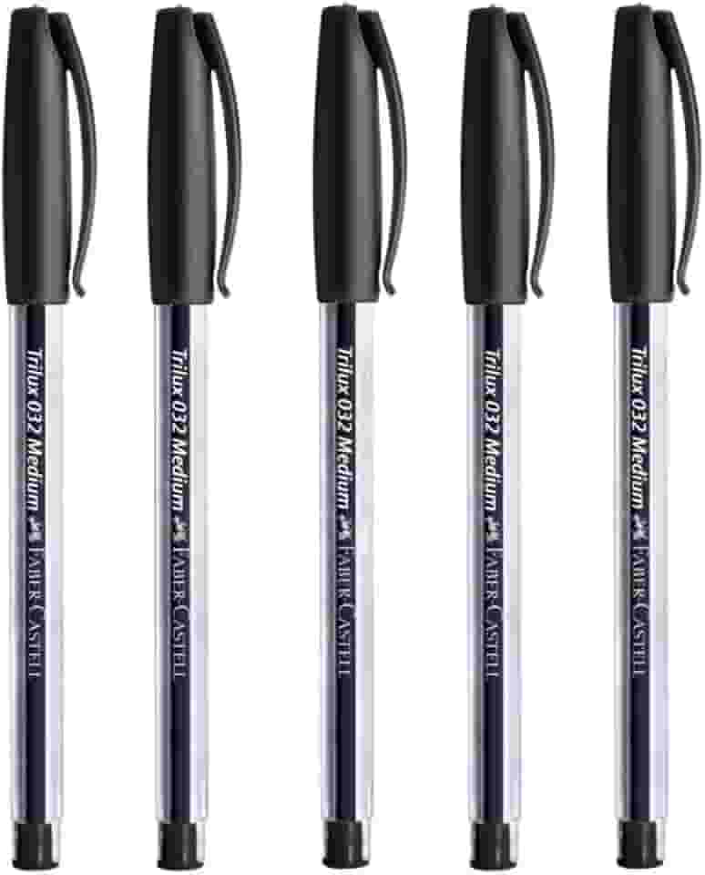 Kit C/5 Caneta Esferográfica Preta, Trilux, Ponta Média 1.0mm, Corpo Transparente, Escrita Macia. Para ENEM, Vestibular e Concurso