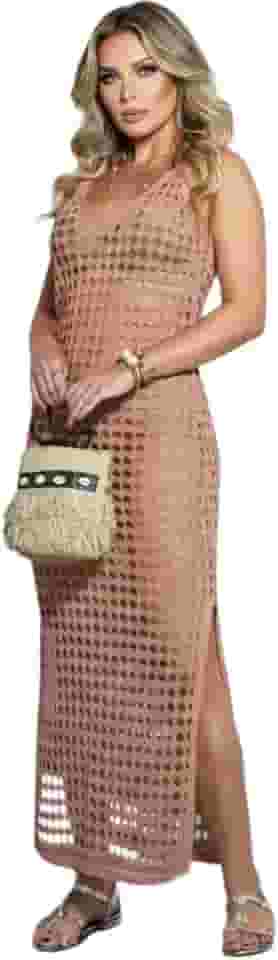 Saída de Praia Longa Feminina Tricô Vazado Com Fenda Lateral