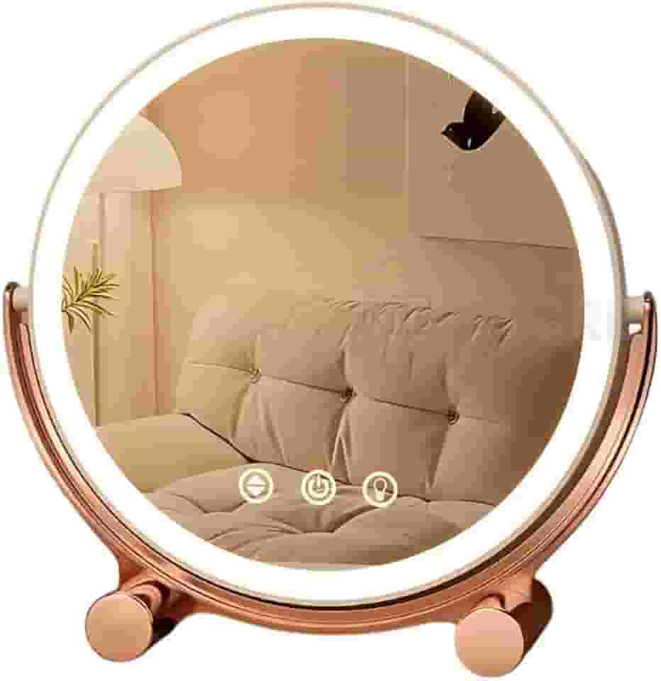 Espelho de Mesa Luzes LED em 3 Cores Recarregável Luxuoso para Maquiagem Penteadeira Regulável Redondo Rose Gold