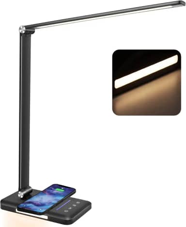 JOSTIC Lâmpada de mesa LED com luz noturna, carregador rápido sem fio, porta de carregamento USB, 10 brilho, 5 modos de cor, luminária de mesa de cabeceira regulável para quarto, controle de toque