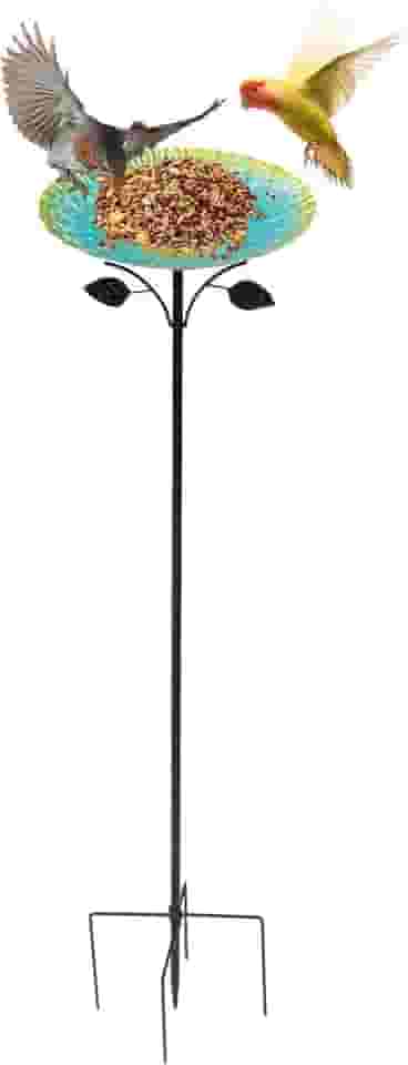 Banheiras de pássaros de 33 polegadas para ambientes externos, tigela independente de metal com estaca base de 5 pontas, decoração de gramado, alimentador de pássaros destacável para pátio externo