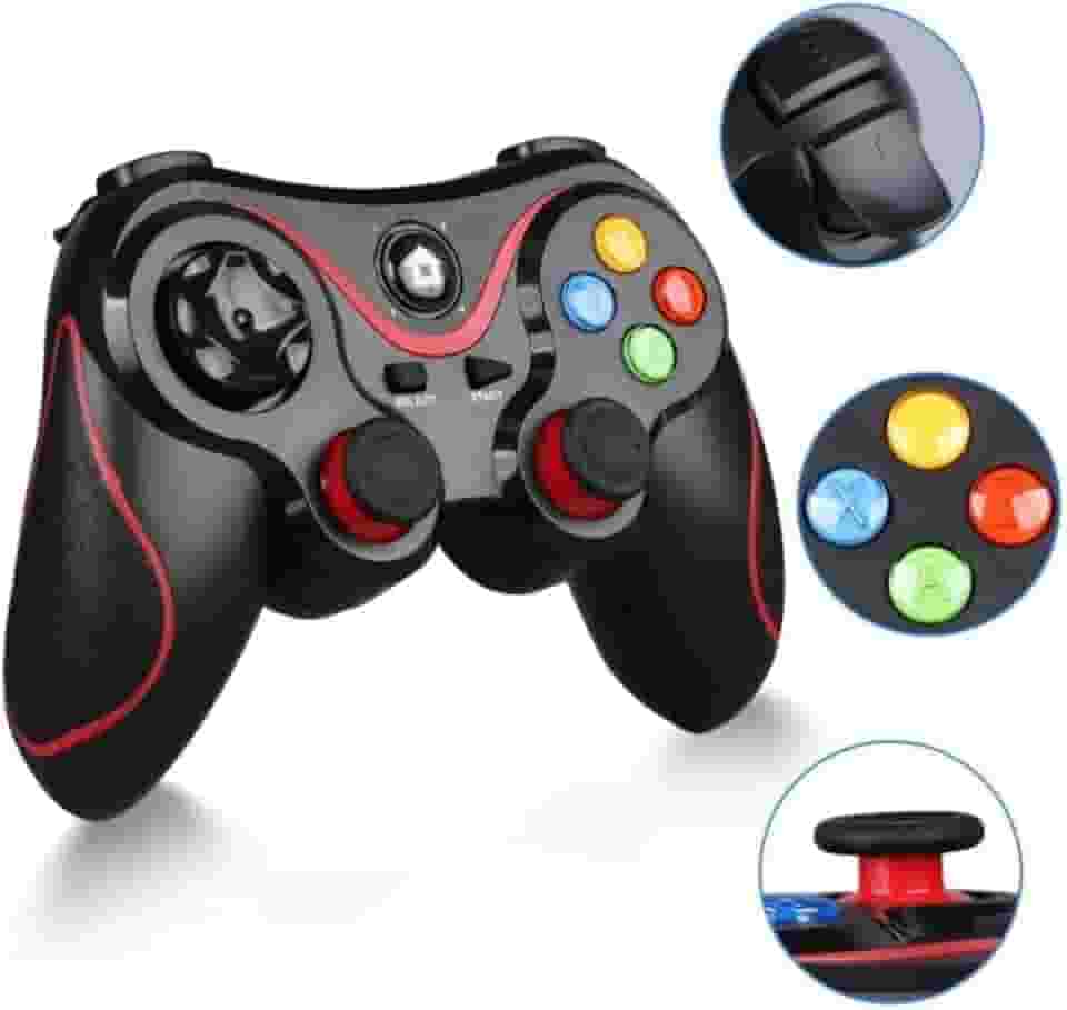 Controle Gamer Bluetooth V8 para Celular, Suporte para Smartphone, 2.4GHz, Bateria 400mAh, Preto e Vermelho