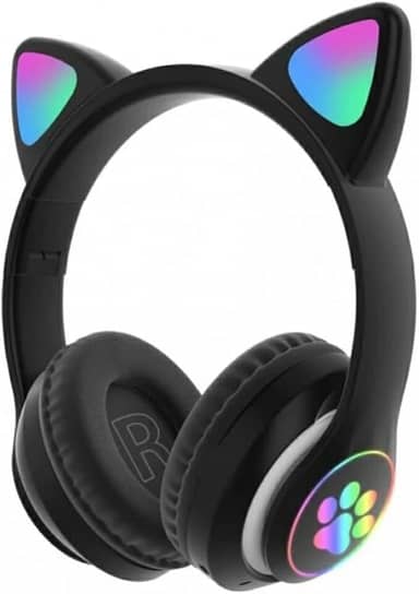 Fone De Ouvido Com Orelha de Gatinho Infantil Headphone Bluetooth com Luzes RGB para crianças tamanho ajustável dobrável (Preto)