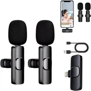 Microfone de Lapela Sem Fio Kit com 2 Peças Compativel Com Iphone e Ipad Redução de Ruído, Gravação Profissional, Entrevistas, Vlogs, YouTube, TikTok, 1 Transmissor e Suporte para 2 Microfones