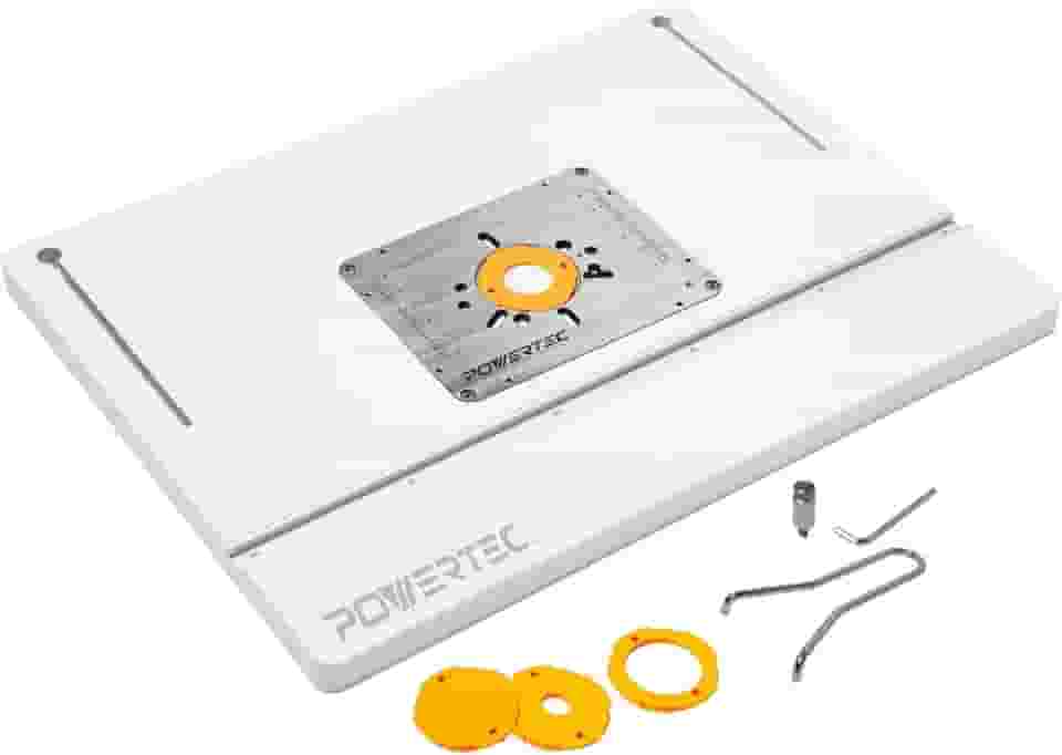 POWERTEC Mesa de roteador de bancada e conjunto de cerca ajustável – Tampo de MDF laminado de 61 cm x 40 cm, placa de inserção de alumínio, porta de poeira de 6 cm, anéis redutores, protetor de broca,