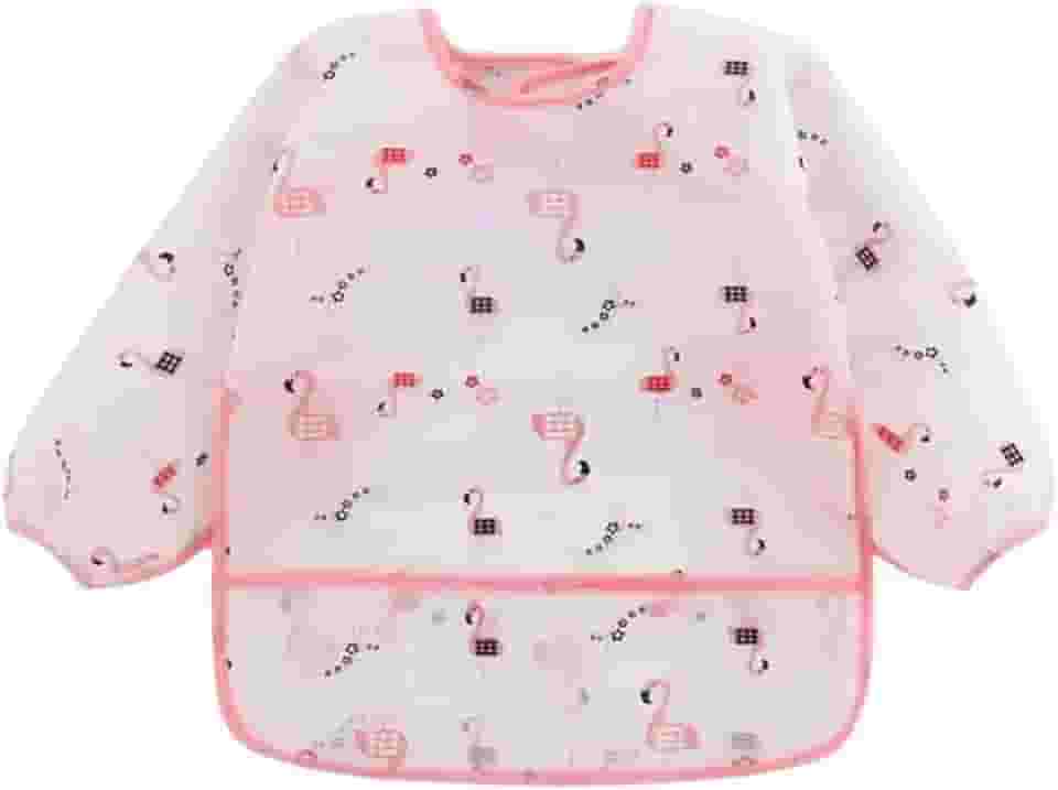 Babador Manga Longa Impermeável Tecido Molinho com Coletor Migalhas Babador Avental Introdução Alimentar Estampa Flamingo