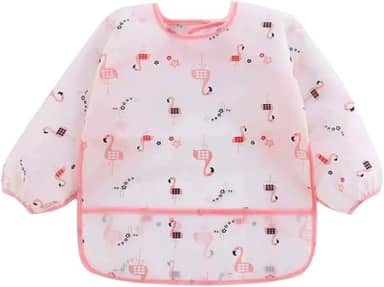 Babador Manga Longa Impermeável Tecido Molinho com Coletor Migalhas Babador Avental Introdução Alimentar Estampa Flamingo