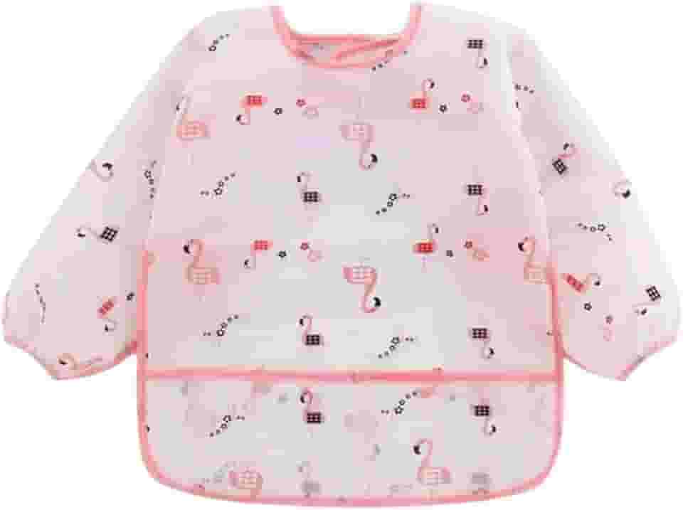 Babador Manga Longa Impermeável Tecido Molinho com Coletor Migalhas Babador Avental Introdução Alimentar Estampa Flamingo