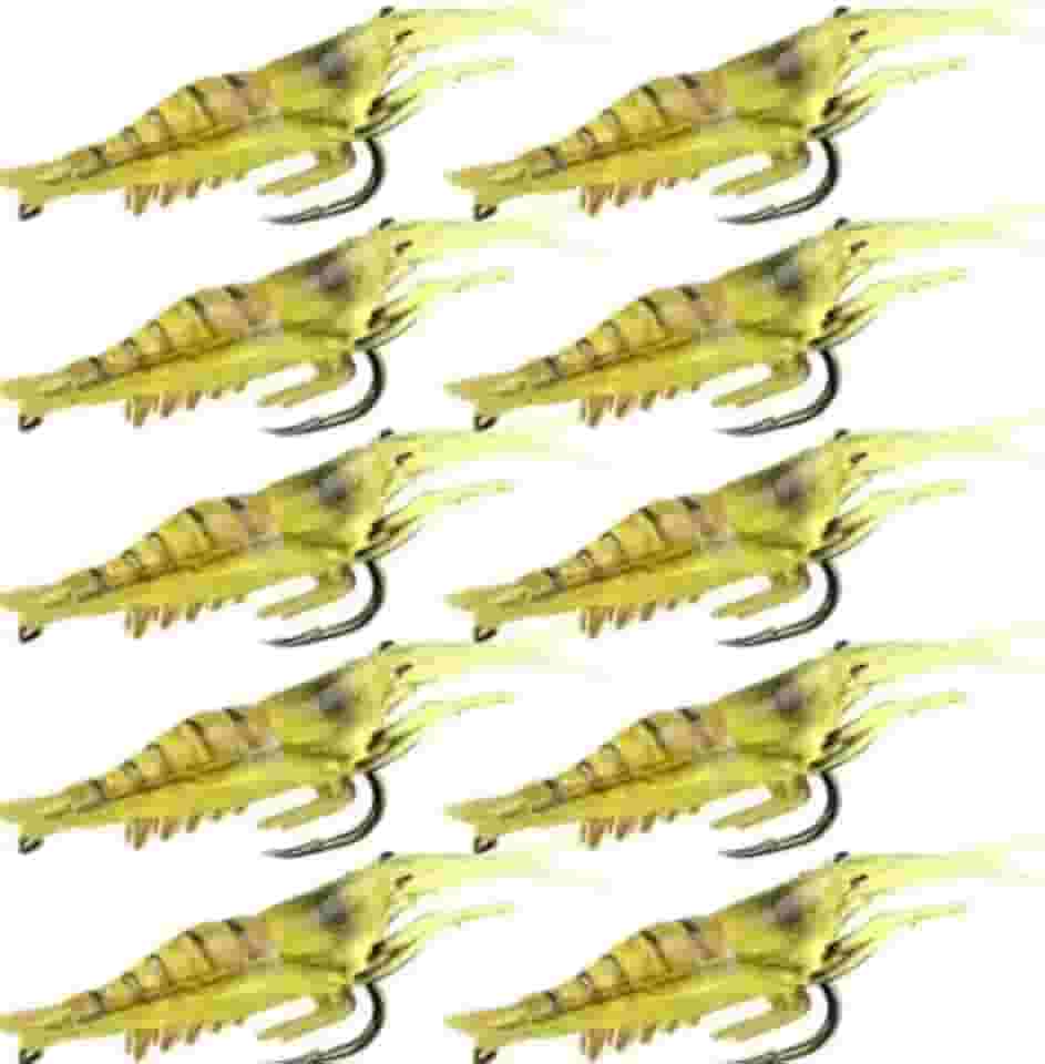 Isca Artificial Camarão Silicone Aromatizada com Anzol para Pesca, Amarelo, Kit com 10 Unidades