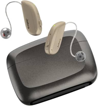 Jabra Melhore os aparelhos auditivos OTC 500, cuidados com a equipe de audiologia incluídos, áudio Bluetooth LE e transmissão Bluetooth para chamadas, música, mídia (iOS/Android), quase invisível e