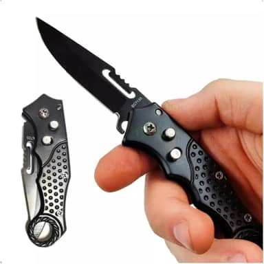Canivete Tático Dobrável, Lâmina em Aço Inox Preta, Cabo Ergonômico com Textura, para Camping e Uso Militar